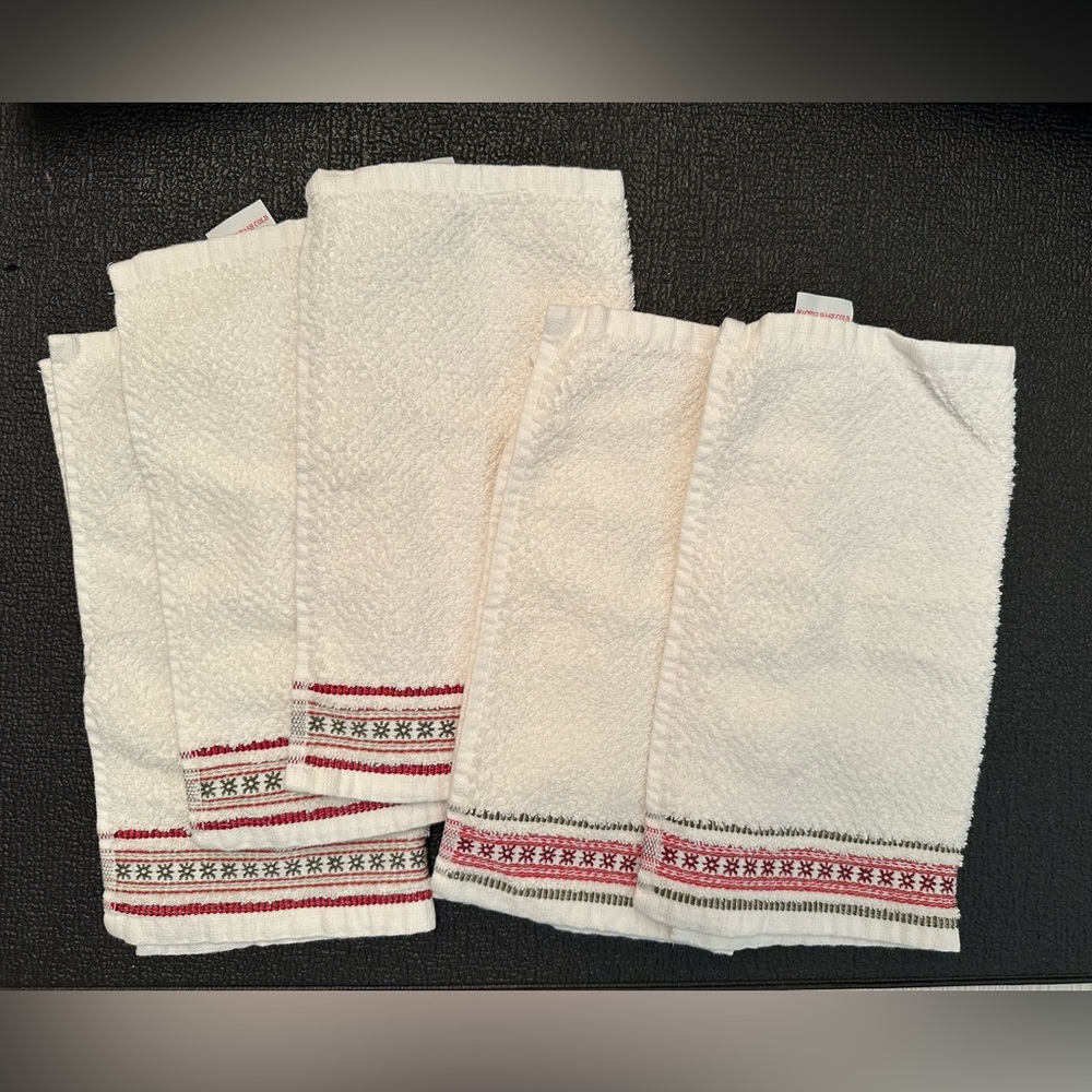 5 Christmas hand towels. 11.5x11.5”